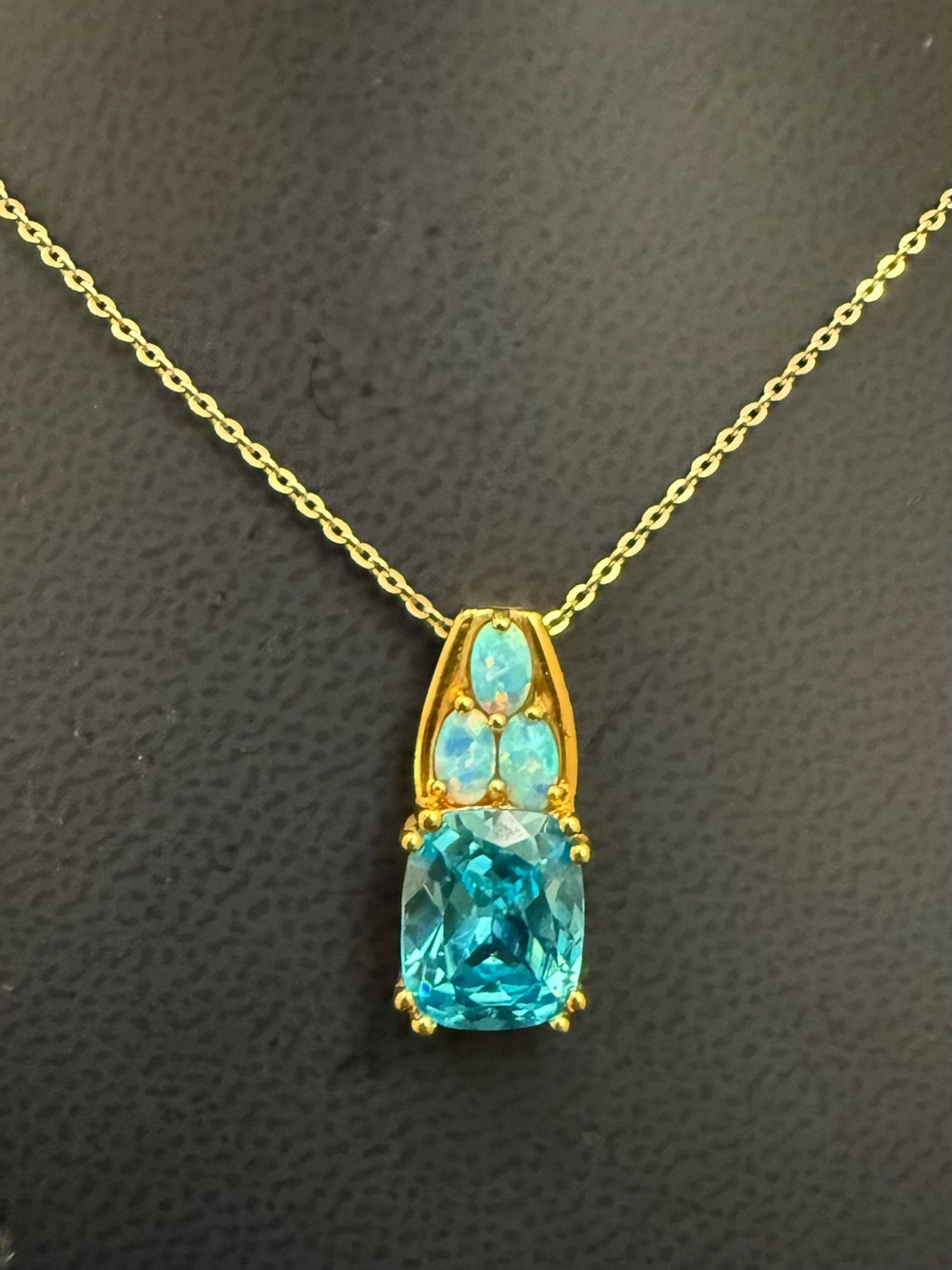 925 Sterling Gold Vermeil Cushion Cut Blue Topaz Gemstone Opal Pendant Necklace